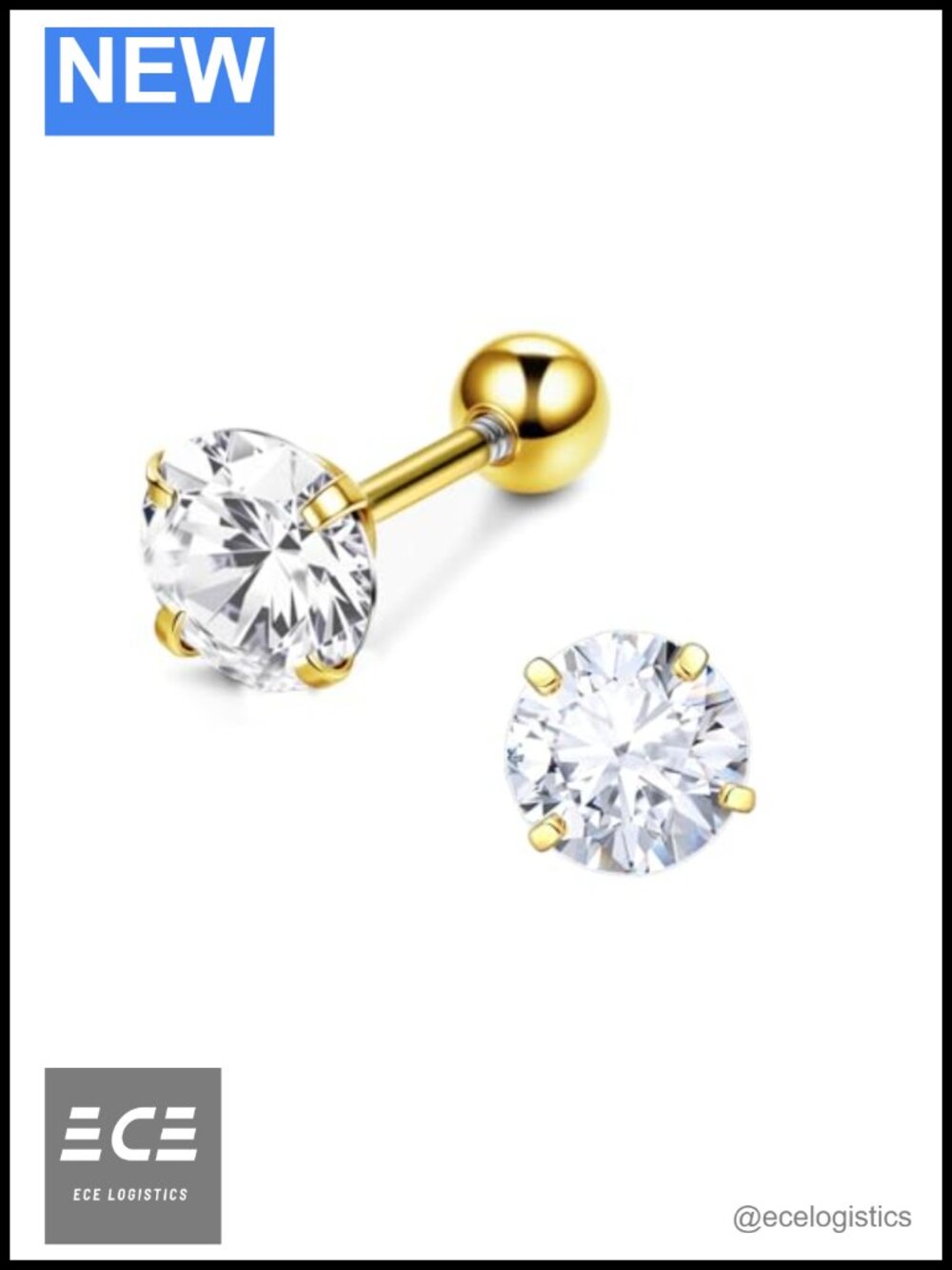 14K Gold Plated Cubic Zirconia Stud Earrings Screw Back 3-8mm